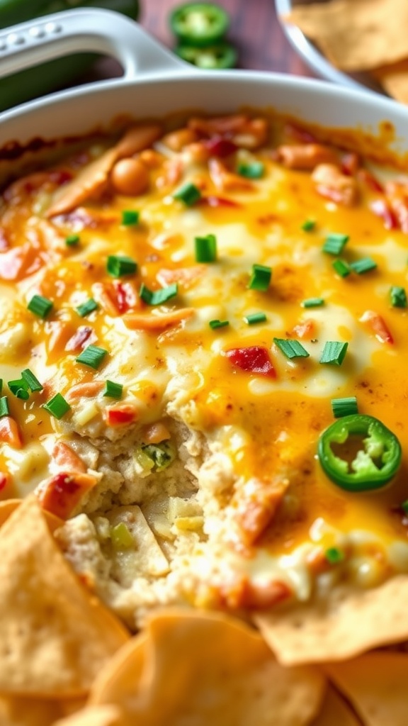 Warm jalapeño artichoke dip in a baking dish with tortilla chips, garnished with parsley.